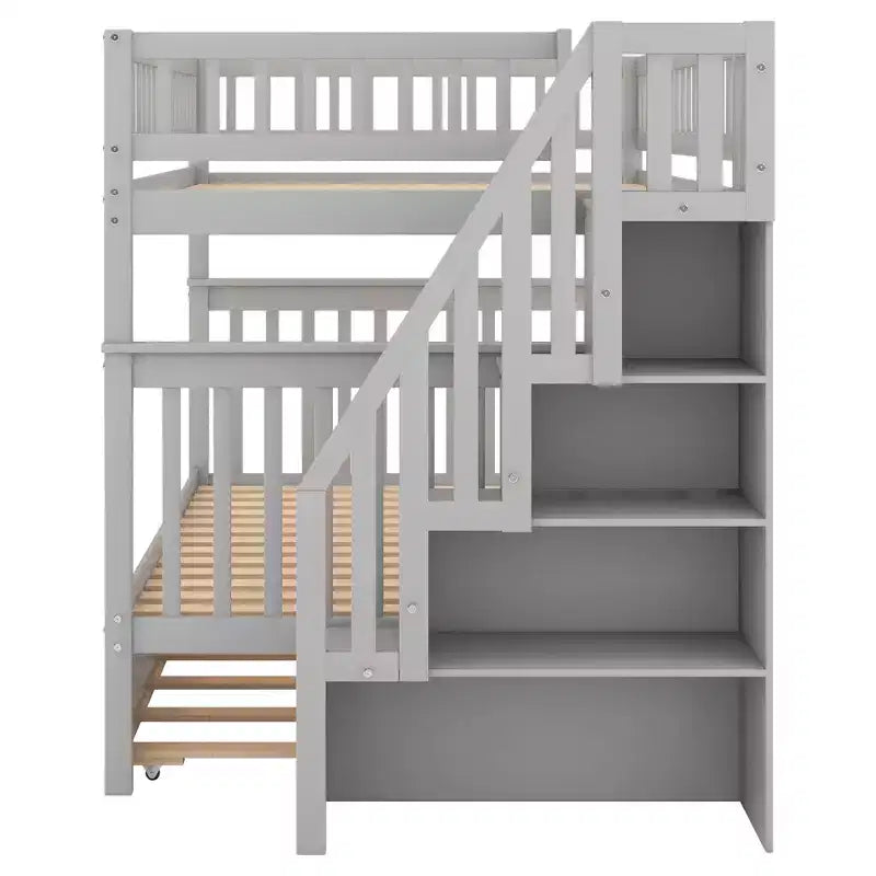 Whisen Wood Bunk Bed with Trundle and Storage Staircase