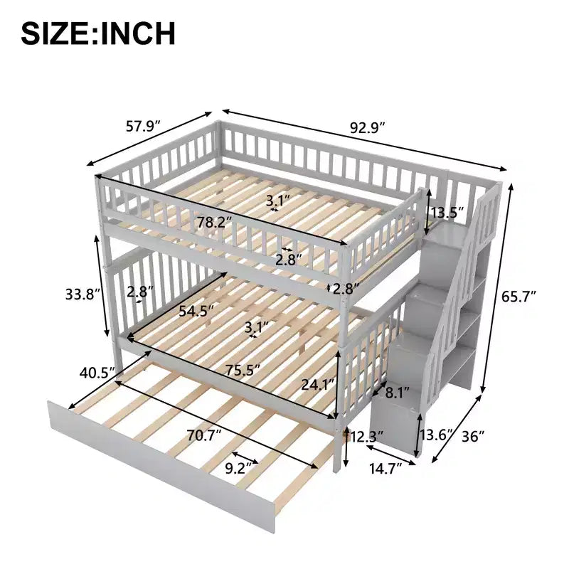 Whisen Wood Bunk Bed with Trundle and Storage Staircase