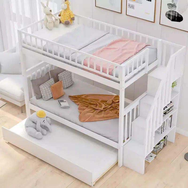 Whisen Wood Bunk Bed with Trundle and Storage Staircase
