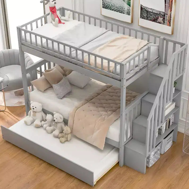 Whisen Wood Bunk Bed with Trundle and Storage Staircase