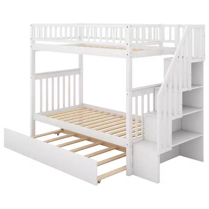 Whisen Wood Bunk Bed with Trundle and Storage Staircase