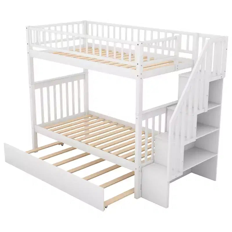 Whisen Wood Bunk Bed with Trundle and Storage Staircase