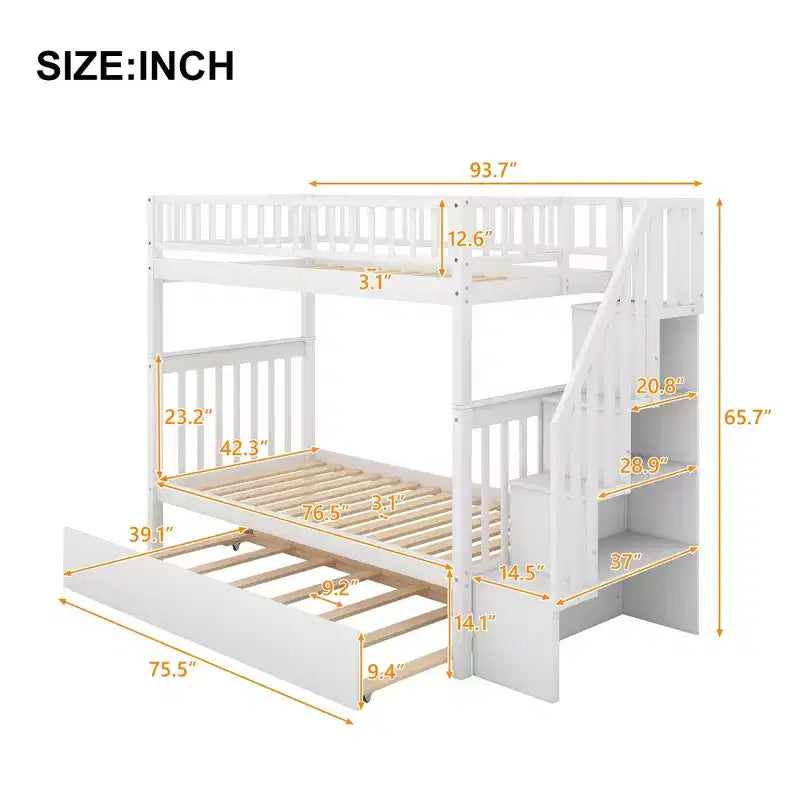 Whisen Wood Bunk Bed with Trundle and Storage Staircase