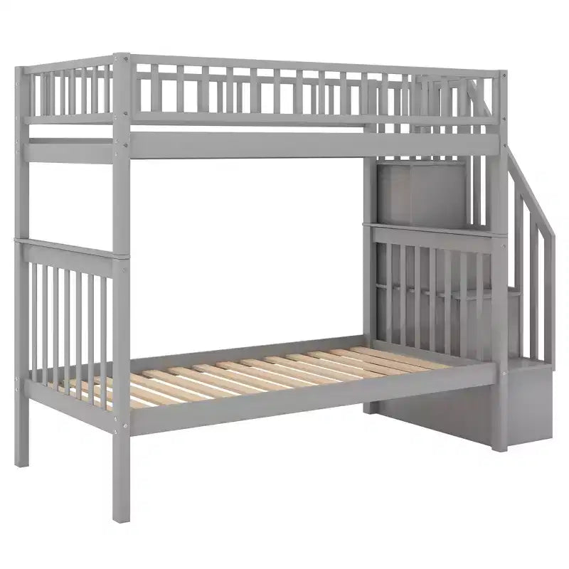 Whisen Wood Bunk Bed with Trundle and Storage Staircase