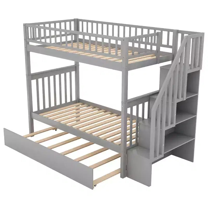 Whisen Wood Bunk Bed with Trundle and Storage Staircase