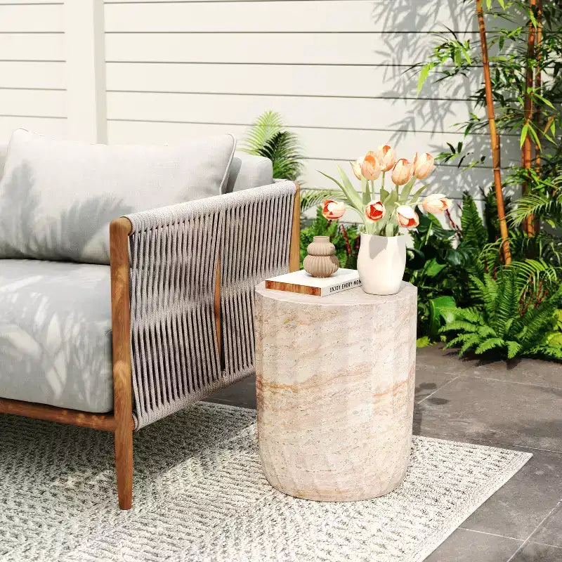 Christopher Knight Home Gillian Outdoor Cylinder Shape Travertine Lightweight Concrete Side Table