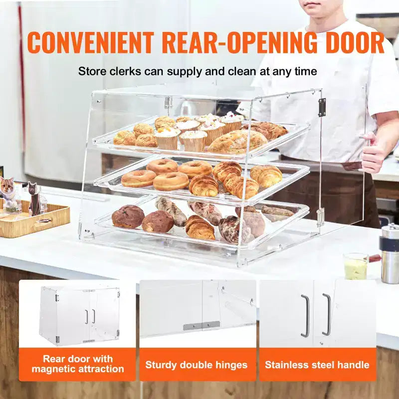 VEVOR Pastry Display Case, 3-Tier Commercial Countertop Bakery Display Case, Acrylic Display Box with Rear Door Access ,20.7x14.2x16.3
