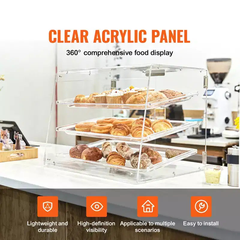 VEVOR Pastry Display Case, 3-Tier Commercial Countertop Bakery Display Case, Acrylic Display Box with Rear Door Access ,20.7x14.2x16.3