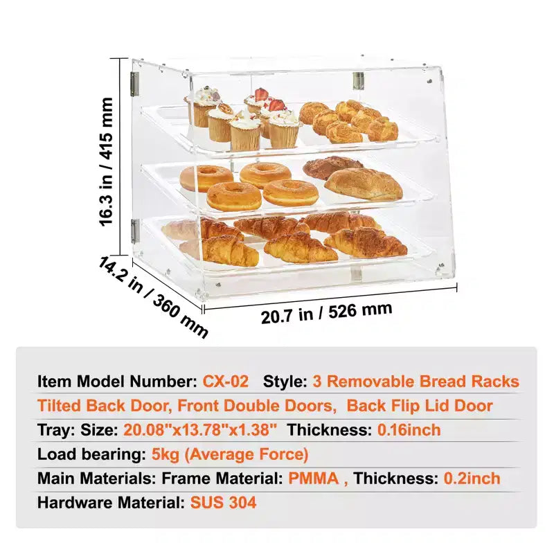 VEVOR Pastry Display Case, 3-Tier Commercial Countertop Bakery Display Case, Acrylic Display Box with Rear Door Access ,20.7x14.2x16.3