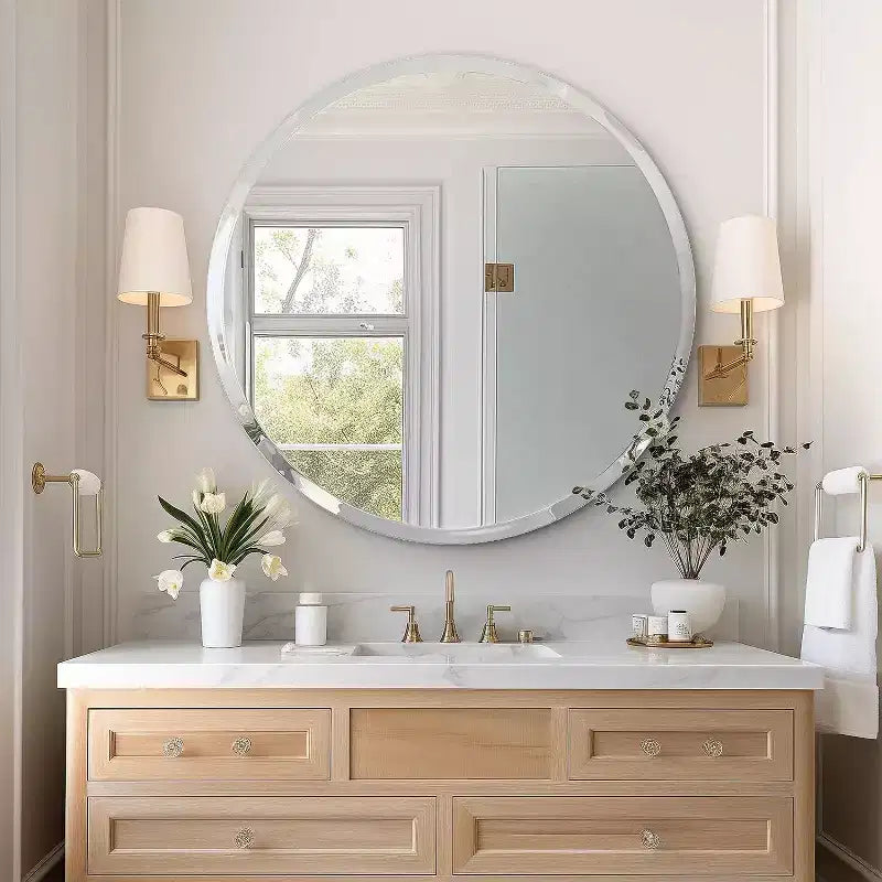 Round Frameless Bathroom Mirror for Over Sink with Beveled Edge - Circle Wall Mirror for Bathroom & Vanity, Elegant & Simple Look