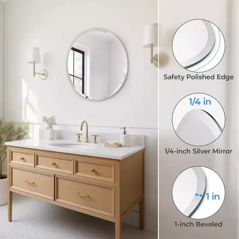 Round Frameless Bathroom Mirror for Over Sink with Beveled Edge - Circle Wall Mirror for Bathroom & Vanity, Elegant & Simple Look