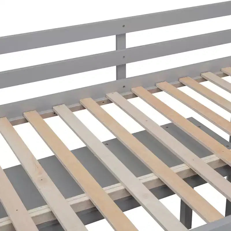 Twin/Full Size Loft Bed with Retractable Writing Desk and 4 Drawers, Wooden Low Loft Bed Frame with Shelves - ModernLuxe