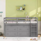 Twin/Full Size Loft Bed with Retractable Writing Desk and 4 Drawers, Wooden Low Loft Bed Frame with Shelves - ModernLuxe