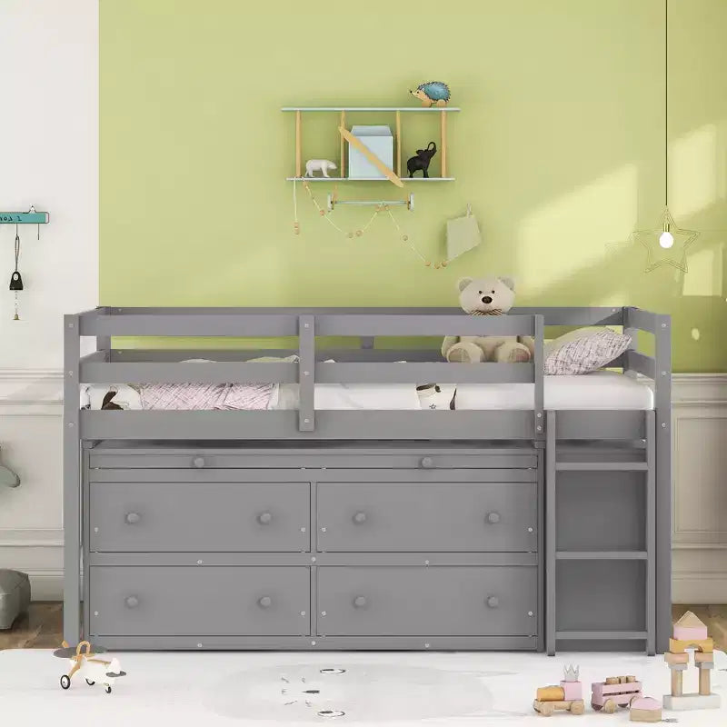 Twin/Full Size Loft Bed with Retractable Writing Desk and 4 Drawers, Wooden Low Loft Bed Frame with Shelves - ModernLuxe