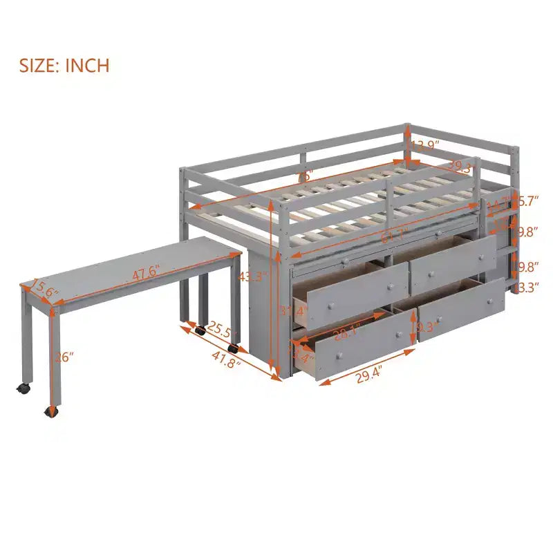 Twin/Full Size Loft Bed with Retractable Writing Desk and 4 Drawers, Wooden Low Loft Bed Frame with Shelves - ModernLuxe
