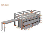 Twin/Full Size Loft Bed with Retractable Writing Desk and 4 Drawers, Wooden Low Loft Bed Frame with Shelves - ModernLuxe