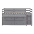 Twin/Full Size Loft Bed with Retractable Writing Desk and 4 Drawers, Wooden Low Loft Bed Frame with Shelves - ModernLuxe