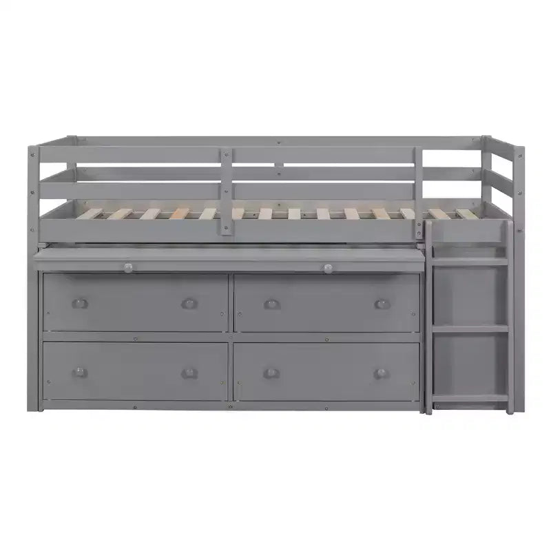 Twin/Full Size Loft Bed with Retractable Writing Desk and 4 Drawers, Wooden Low Loft Bed Frame with Shelves - ModernLuxe