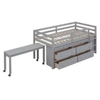 Twin/Full Size Loft Bed with Retractable Writing Desk and 4 Drawers, Wooden Low Loft Bed Frame with Shelves - ModernLuxe