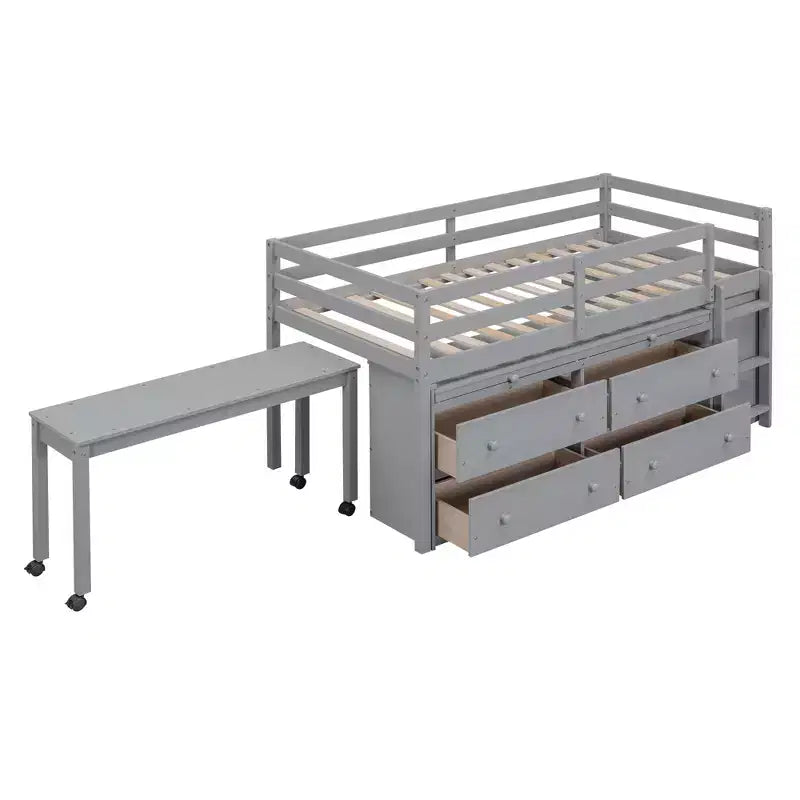 Twin/Full Size Loft Bed with Retractable Writing Desk and 4 Drawers, Wooden Low Loft Bed Frame with Shelves - ModernLuxe