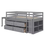 Twin/Full Size Loft Bed with Retractable Writing Desk and 4 Drawers, Wooden Low Loft Bed Frame with Shelves - ModernLuxe