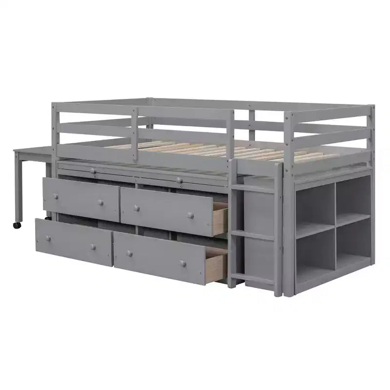 Twin/Full Size Loft Bed with Retractable Writing Desk and 4 Drawers, Wooden Low Loft Bed Frame with Shelves - ModernLuxe