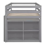 Twin/Full Size Loft Bed with Retractable Writing Desk and 4 Drawers, Wooden Low Loft Bed Frame with Shelves - ModernLuxe