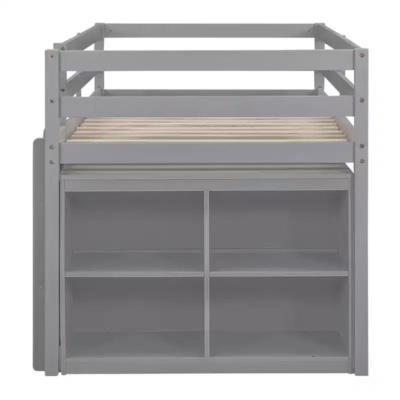 Twin/Full Size Loft Bed with Retractable Writing Desk and 4 Drawers, Wooden Low Loft Bed Frame with Shelves - ModernLuxe