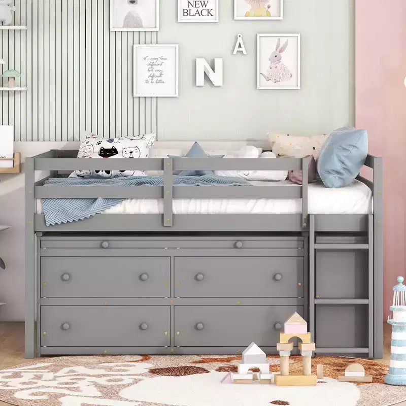 Twin/Full Size Loft Bed with Retractable Writing Desk and 4 Drawers, Wooden Low Loft Bed Frame with Shelves - ModernLuxe