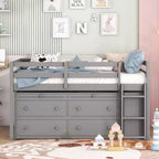 Twin/Full Size Loft Bed with Retractable Writing Desk and 4 Drawers, Wooden Low Loft Bed Frame with Shelves - ModernLuxe