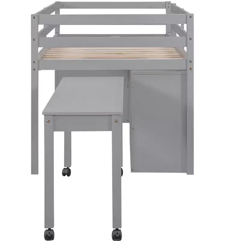 Twin/Full Size Loft Bed with Retractable Writing Desk and 4 Drawers, Wooden Low Loft Bed Frame with Shelves - ModernLuxe