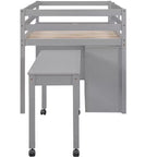 Twin/Full Size Loft Bed with Retractable Writing Desk and 4 Drawers, Wooden Low Loft Bed Frame with Shelves - ModernLuxe
