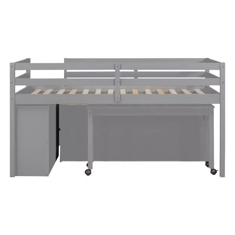 Twin/Full Size Loft Bed with Retractable Writing Desk and 4 Drawers, Wooden Low Loft Bed Frame with Shelves - ModernLuxe