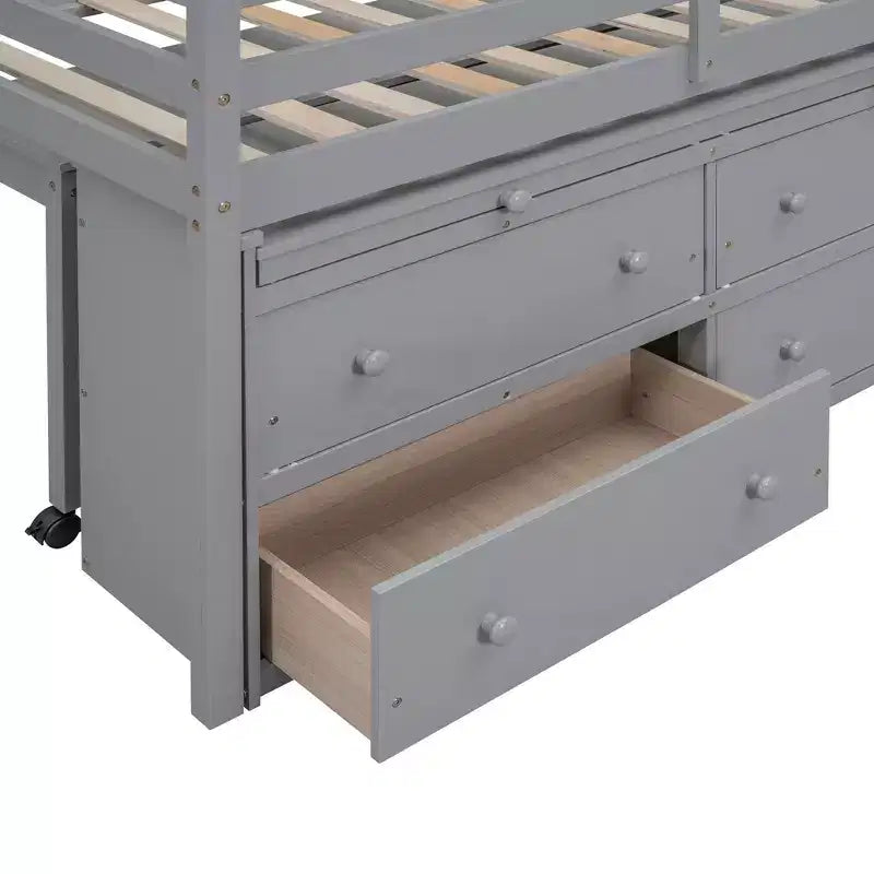 Twin/Full Size Loft Bed with Retractable Writing Desk and 4 Drawers, Wooden Low Loft Bed Frame with Shelves - ModernLuxe