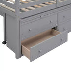 Twin/Full Size Loft Bed with Retractable Writing Desk and 4 Drawers, Wooden Low Loft Bed Frame with Shelves - ModernLuxe