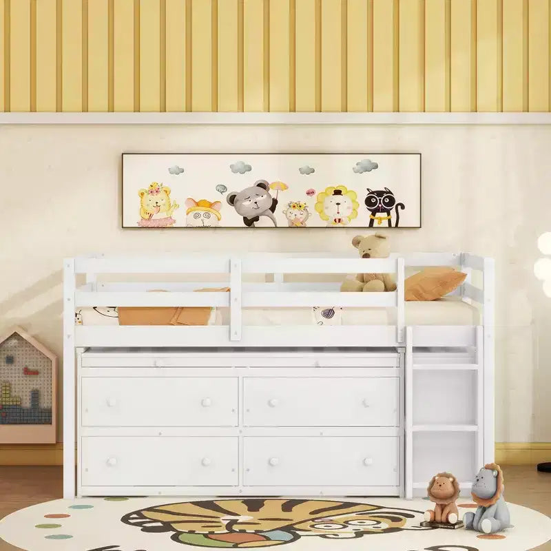 Twin/Full Size Loft Bed with Retractable Writing Desk and 4 Drawers, Wooden Low Loft Bed Frame with Shelves - ModernLuxe