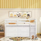 Twin/Full Size Loft Bed with Retractable Writing Desk and 4 Drawers, Wooden Low Loft Bed Frame with Shelves - ModernLuxe