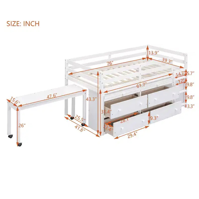 Twin/Full Size Loft Bed with Retractable Writing Desk and 4 Drawers, Wooden Low Loft Bed Frame with Shelves - ModernLuxe