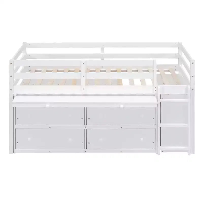 Twin/Full Size Loft Bed with Retractable Writing Desk and 4 Drawers, Wooden Low Loft Bed Frame with Shelves - ModernLuxe