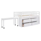 Twin/Full Size Loft Bed with Retractable Writing Desk and 4 Drawers, Wooden Low Loft Bed Frame with Shelves - ModernLuxe
