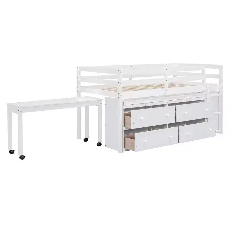 Twin/Full Size Loft Bed with Retractable Writing Desk and 4 Drawers, Wooden Low Loft Bed Frame with Shelves - ModernLuxe