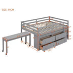 Twin/Full Size Loft Bed with Retractable Writing Desk and 4 Drawers, Wooden Low Loft Bed Frame with Shelves - ModernLuxe