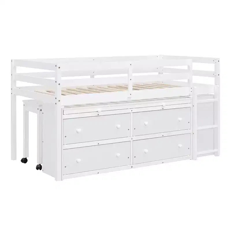 Twin/Full Size Loft Bed with Retractable Writing Desk and 4 Drawers, Wooden Low Loft Bed Frame with Shelves - ModernLuxe