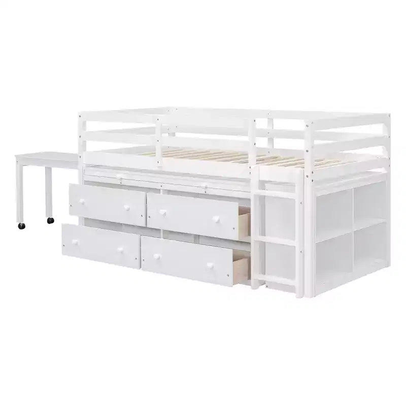 Twin/Full Size Loft Bed with Retractable Writing Desk and 4 Drawers, Wooden Low Loft Bed Frame with Shelves - ModernLuxe
