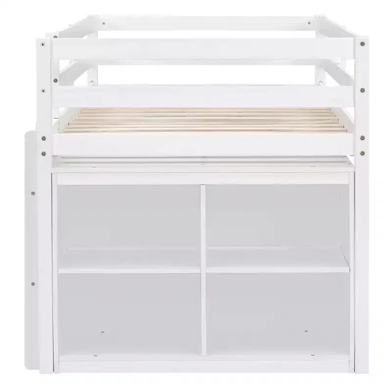 Twin/Full Size Loft Bed with Retractable Writing Desk and 4 Drawers, Wooden Low Loft Bed Frame with Shelves - ModernLuxe