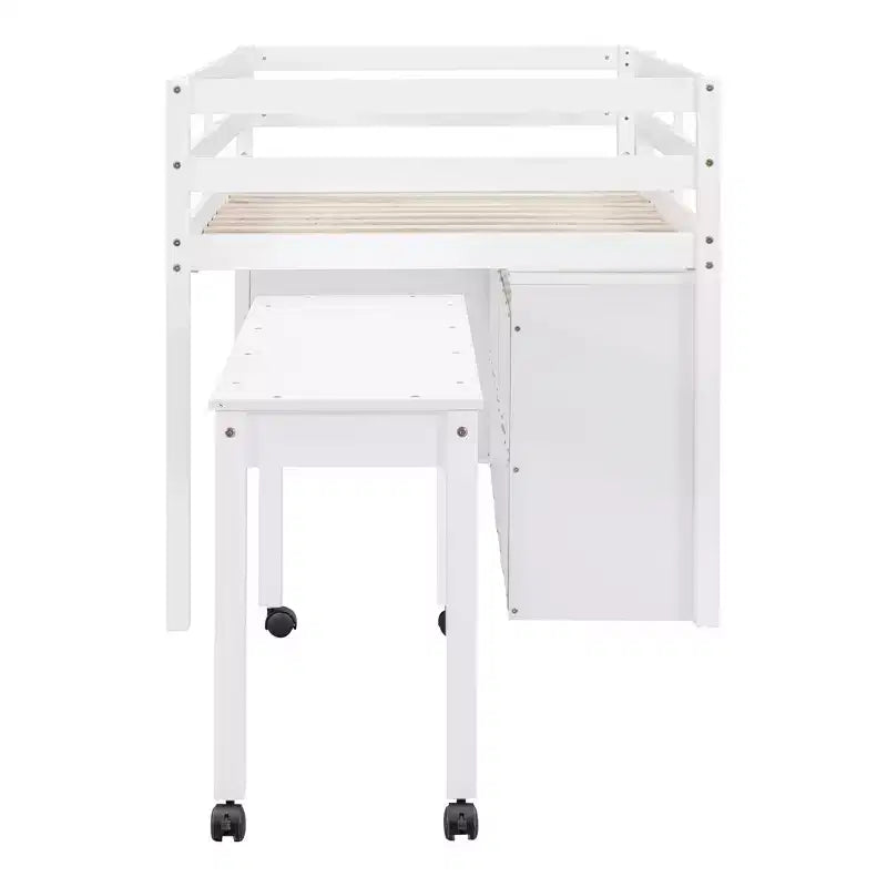 Twin/Full Size Loft Bed with Retractable Writing Desk and 4 Drawers, Wooden Low Loft Bed Frame with Shelves - ModernLuxe