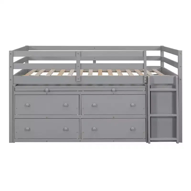 Twin/Full Size Loft Bed with Retractable Writing Desk and 4 Drawers, Wooden Low Loft Bed Frame with Shelves - ModernLuxe