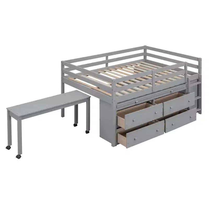 Twin/Full Size Loft Bed with Retractable Writing Desk and 4 Drawers, Wooden Low Loft Bed Frame with Shelves - ModernLuxe