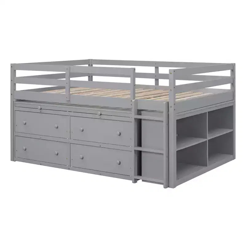 Twin/Full Size Loft Bed with Retractable Writing Desk and 4 Drawers, Wooden Low Loft Bed Frame with Shelves - ModernLuxe