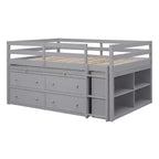 Twin/Full Size Loft Bed with Retractable Writing Desk and 4 Drawers, Wooden Low Loft Bed Frame with Shelves - ModernLuxe